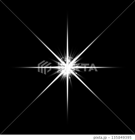 黒背景に輝く白色の十字の星と光のエフェクト 黒背景に輝く白色の十字の星と光のエフェクト 135849395