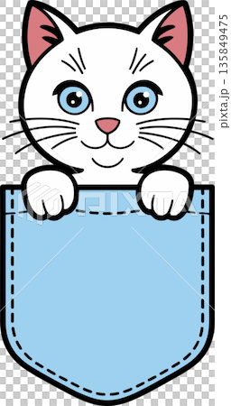White Cat Peeking from Blue Pocket Cartoon Illustration 135849475