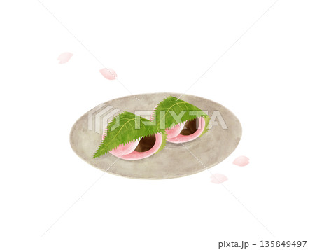 黄土色の陶器皿にのった関東風桜餅・舞い散る桜の花びら・和菓子・水彩イラスト素材 135849497