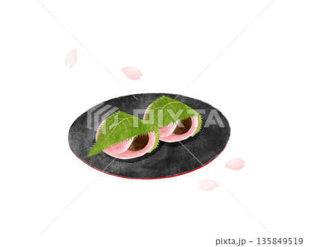 黒い皿にのった関東風桜餅・舞い散る桜の花びら・高級感のある和菓子・水彩イラスト素材 黒い皿にのった関東風桜餅・舞い散る桜の花びら・高級感のある和菓子・水彩イラスト素材 135849519