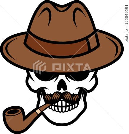 Skull with Fedora, Mustache, and Pipe Cartoon Illustration Skull with Fedora, Mustache, and Pipe Cartoon Illustration 135849591
