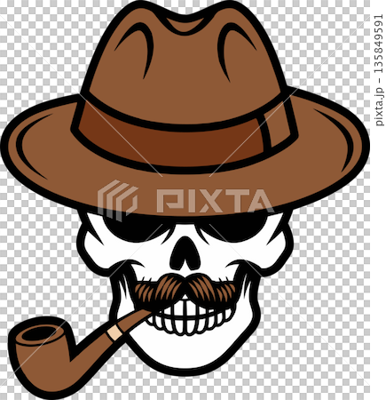Skull with Fedora, Mustache, and Pipe Cartoon Illustration Skull with Fedora, Mustache, and Pipe Cartoon Illustration 135849591