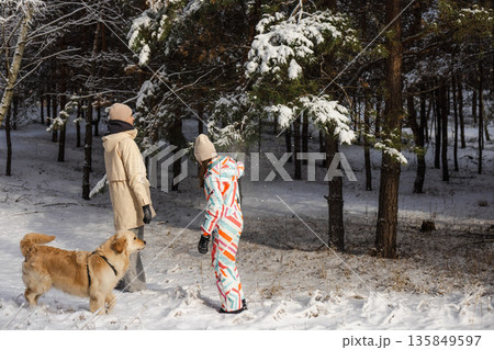 Two teenage girls playing with Golden Retriever under snowy pine tree in winter forest, joyful outdoor family moment with falling snow and nature Two teenage girls playing with Golden Retriever under snowy pine tree in winter forest, joyful outdoor family moment with falling snow and nature 135849597