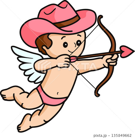 Cowboy Cupid with Bow and Heart Arrow Cartoon Illustration Cowboy Cupid with Bow and Heart Arrow Cartoon Illustration 135849662