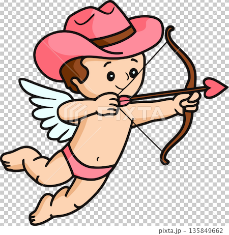 Cowboy Cupid with Bow and Heart Arrow Cartoon Illustration Cowboy Cupid with Bow and Heart Arrow Cartoon Illustration 135849662