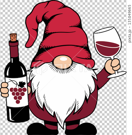 Wine-Holding Gnome in Red Hat Cartoon Illustration Wine-Holding Gnome in Red Hat Cartoon Illustration 135849665