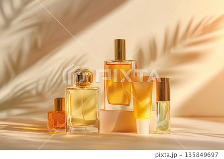 自然光と葉影が美しい高級感のある香水ボトルの静物イメージ 135849697
