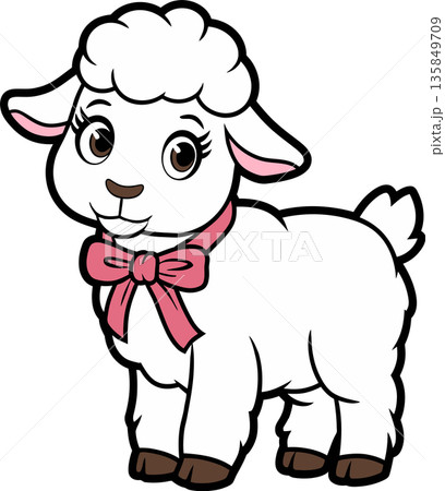 White Lamb with Pink Bow Cartoon Illustration White Lamb with Pink Bow Cartoon Illustration 135849709