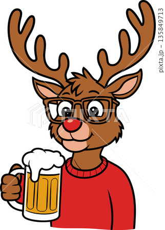 Reindeer in Sweater Holding Beer Cartoon Illustration Reindeer in Sweater Holding Beer Cartoon Illustration 135849713