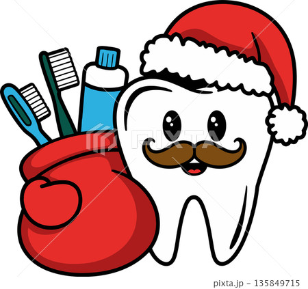 Tooth with Santa Hat and Dental Stocking Cartoon Illustration Tooth with Santa Hat and Dental Stocking Cartoon Illustration 135849715
