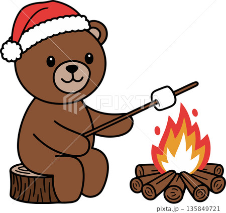 Santa Hat Bear Roasting Marshmallow Cartoon Illustration Santa Hat Bear Roasting Marshmallow Cartoon Illustration 135849721
