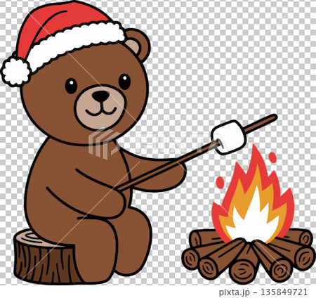 Santa Hat Bear Roasting Marshmallow Cartoon Illustration Santa Hat Bear Roasting Marshmallow Cartoon Illustration 135849721