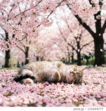 桜の花びらの絨毯の上でへそ天になって気持ちよさそうに寝ているかわいい子ねこ 135849777