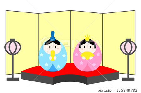 扇型の台座に乗ったかわいい雛人形のイラスト 扇型の台座に乗ったかわいい雛人形のイラスト 135849782