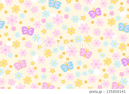 Various flower pattern and butterfly on pastel yellow background for spring and summer wallpaper, fabric, print, floral pattern, textile, nature, garden, backdrop, garment, picnic blanket, duvet Various flower pattern and butterfly on pastel yellow background for spring and summer wallpaper, fabric, print, floral pattern, textile, nature, garden, backdrop, garment, picnic blanket, duvet 135850141