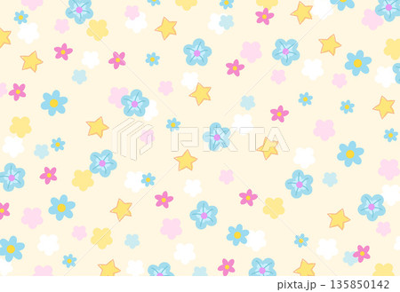 Various flower pattern and stars on pastel yellow background for spring and summer wallpaper, fabric, print, floral pattern, textile, nature, garden, backdrop, garment, picnic blanket, duvet 135850142
