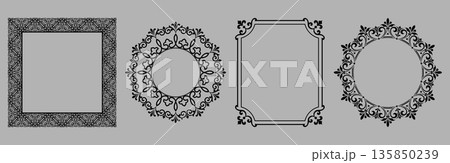 Set of decorative frames Elegant vector element for design in Eastern style, place for text. Floral black and gray borders. Lace illustration for invitations and greeting cards 135850239