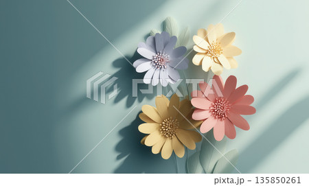 Colorful paper flowers casting shadows on pastel background create serene and artistic composition. delicate petals and soft hues evoke sense of tranquility and creativity Colorful paper flowers casting shadows on pastel background create serene and artistic composition. delicate petals and soft hues evoke sense of tranquility and creativity 135850261