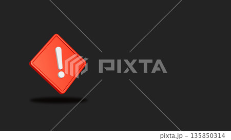 黒い背景の左端に赤い菱形のビックリマークアイコンが浮ぶ3DCGイラスト 黒い背景の左端に赤い菱形のビックリマークアイコンが浮ぶ3DCGイラスト 135850314