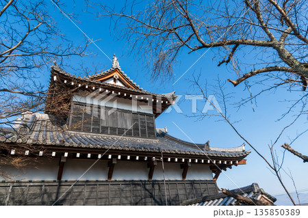 青空と大和郡山城の東隅櫓と開花を待ち望む桜の木 青空と大和郡山城の東隅櫓と開花を待ち望む桜の木 135850389
