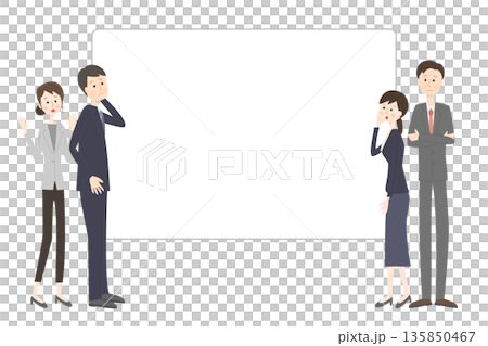 大きな白いボードを見て不安そうなスーツ姿の男女 135850467