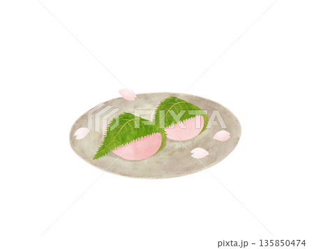 黄土色の陶磁器にのった関西風桜餅（道明寺）・舞い散る桜の花びら・和菓子・水彩イラスト素材 135850474