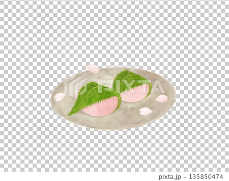 黄土色の陶磁器にのった関西風桜餅（道明寺）・舞い散る桜の花びら・和菓子・水彩イラスト素材 135850474