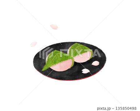 黒い皿にのった関西風桜餅（道明寺）・舞い散る桜の花びら・高級感のある和菓子・水彩イラスト素材 135850498