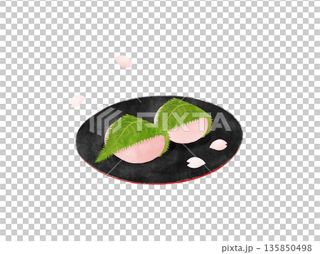 關西風味櫻餅(道明寺)置於黑色盤子上,櫻花花瓣飄落,精緻的日式點心,水彩插圖 關西風味櫻餅(道明寺)置於黑色盤子上,櫻花花瓣飄落,精緻的日式點心,水彩插圖 135850498