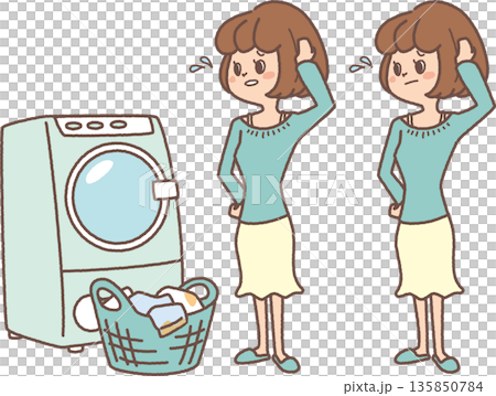 Illustration of a woman in trouble doing laundry 135850784