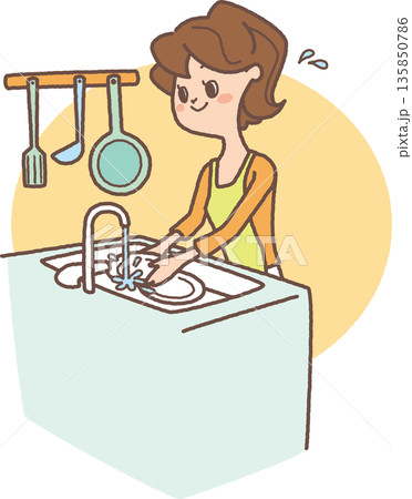 洗い物をしている女性のイラスト 洗い物をしている女性のイラスト 135850786