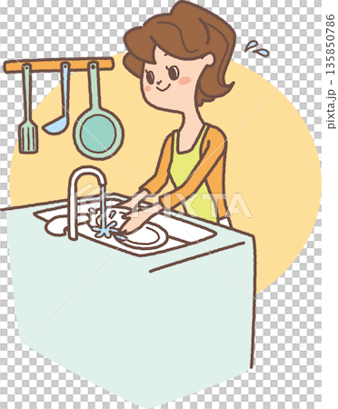 一幅描繪女性洗碗的插圖 135850786