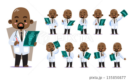Cute chibi African American male orthopedist doctor character set focusing on radiology. Flat vector illustration featuring various X-ray film poses. Ideal for medical and educational content. 135850877