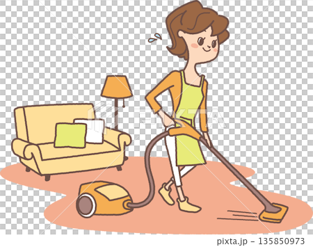 Illustration of a woman vacuuming in a room Illustration of a woman vacuuming in a room 135850973