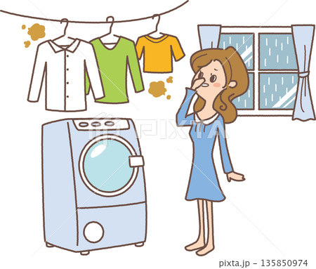 洗濯して部屋干ししている女性のイラスト 洗濯して部屋干ししている女性のイラスト 135850974