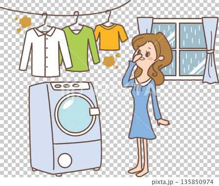 圖解:一位女士在室內洗衣服並晾曬衣物 圖解:一位女士在室內洗衣服並晾曬衣物 135850974
