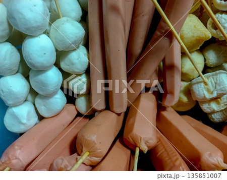 Close Up Various Indonesian Street Food Skewers Sausages and Fish Balls 135851007