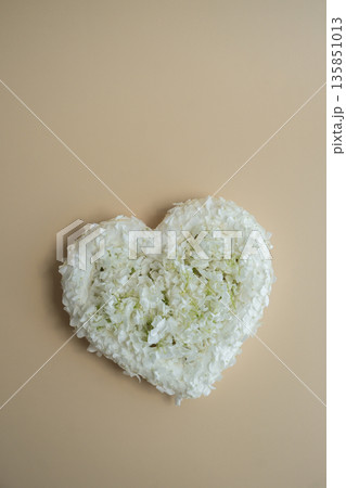 Symbol of love beautiful flower petals in heart shape in beige background. Creative concept of St Valentines day, weeding romantic date or anniversary. Copy space 135851013