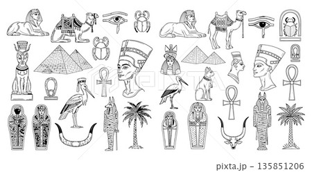 Ancient Egypt outline set featuring Nefertiti, pyramids, scarab beetles, and more traditional symbols 135851206