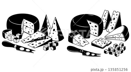 Assortment of Swiss cheese wedges cubes and cheese knives illustrated in black and white 135851256