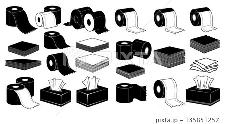 Assortment of toilet paper rolls and tissue boxes displayed in a illustration style 135851257