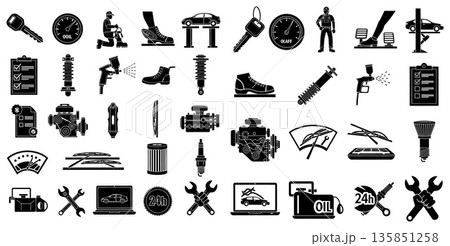 Automotive repair icons in silhouette showing parts, tools, and service related signs for projects 135851258