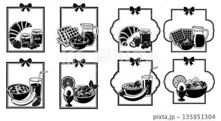 Black and white breakfast icons set with fruit,...のイラスト素材 [135851304 ...
