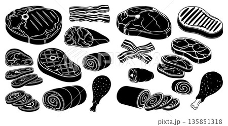 Black and white illustration showcasing various raw meat cuts, including bacon and steak 135851318