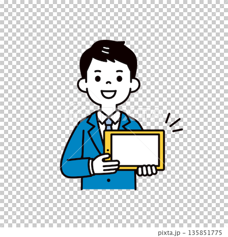 タブレット端末を持って説明する、若いビジネスマンのシンプルな上半身ベクターイラスト素材 タブレット端末を持って説明する、若いビジネスマンのシンプルな上半身ベクターイラスト素材 135851775