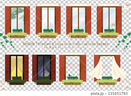 洋風建築の窓パーツセット：ベクター素材・シチュエーション別詰め合わせ 135851793