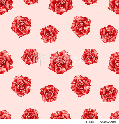 Seamless pattern with red roses. Hand-drawn watercolor illustration. Beautiful red roses on a pink background. Perfect for textiles, wrapping paper, wallpaper, web design, packaging, and more. 135852206