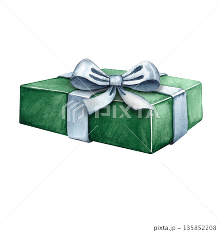 Green gift box with a white bow. Hand-drawn watercolor illustration. Isolated. Gift for Christmas, birthday, wedding and other holidays. Perfect for postcards, posters, banners, packaging and more. 135852208