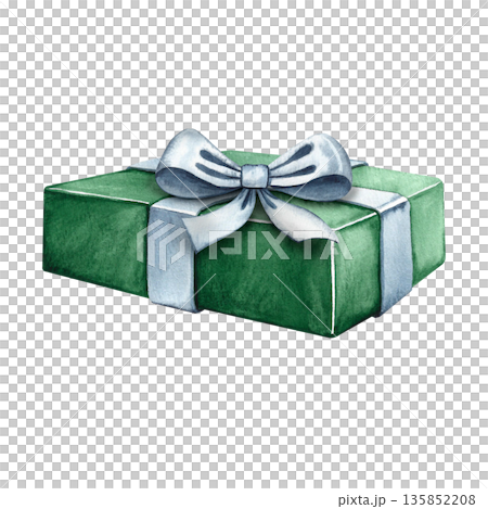 Green gift box with a white bow. Hand-drawn watercolor illustration. Isolated. Gift for Christmas, birthday, wedding and other holidays. Perfect for postcards, posters, banners, packaging and more. 135852208