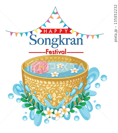 Happy Songkran Festival Vector Illustration with Golden Bowl and Water Happy Songkran Festival Vector Illustration with Golden Bowl and Water 135852232